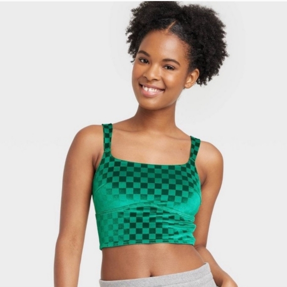 Colsie Velvet Top Womens Size Medium Green Checkered Adjustable Strap - Picture 1 of 6